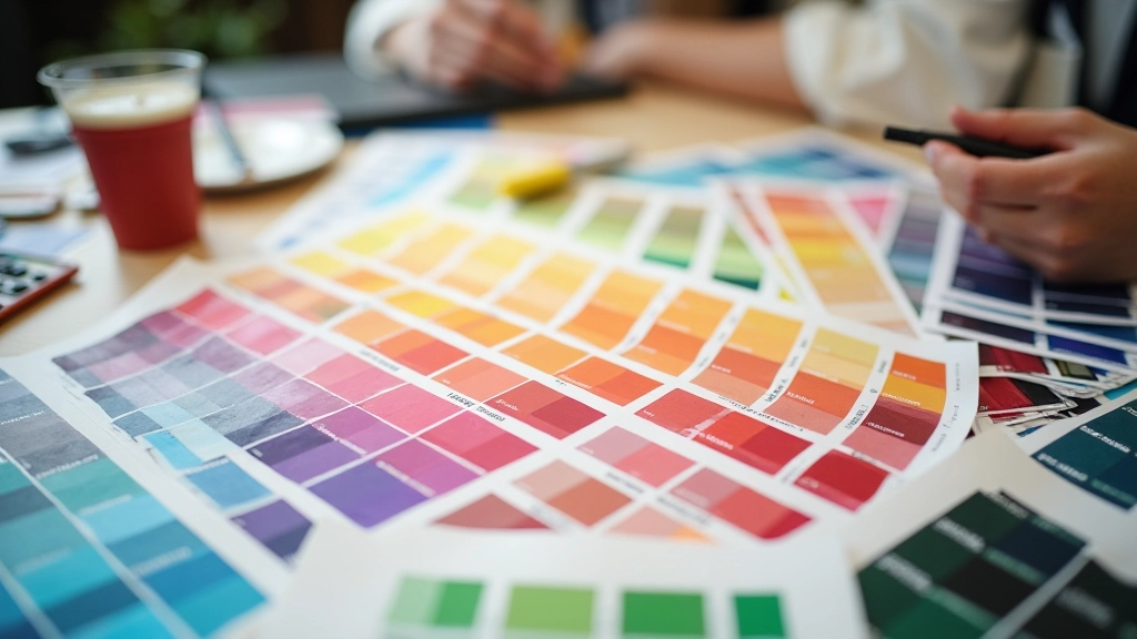 Tavolozza di colori vivaci su scrivania di design con campioni di carta e strumenti professionali