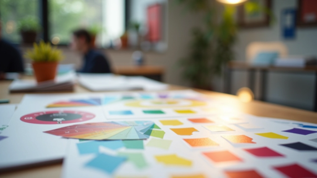 Palette di colori complementari disposte in cerchio cromatico su tavolo di lavoro moderno