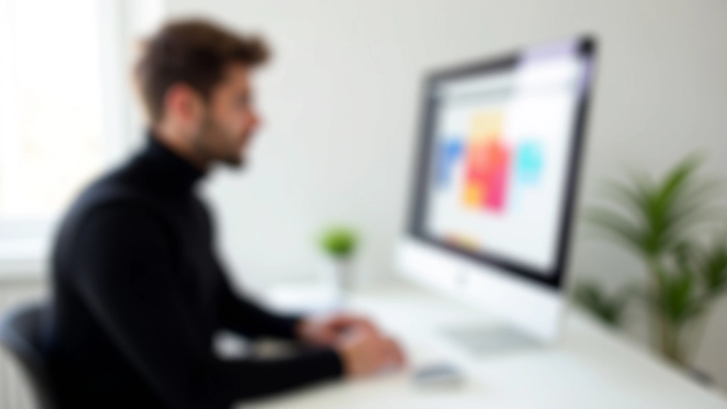 Designer che crea palette di colori minimalisti italiani al computer, ufficio luminoso, schermo con tonalità neutre