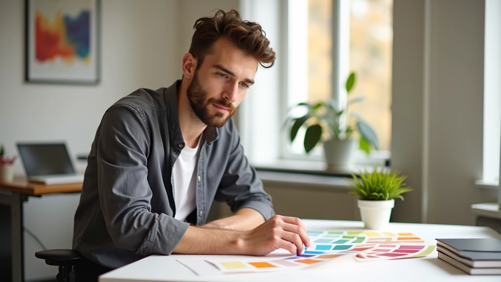 Designer che seleziona colori su campionario, studio creativo luminoso con palette di colori sparse sulla scrivania