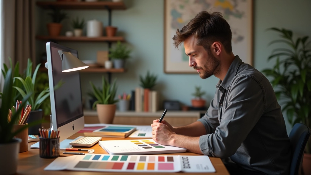 Designer che crea mockup di brand su carta, con campioni di colore e strumenti di design disposti su un tavolo di lavoro