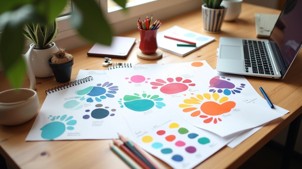 Tavolo di design con palette di colori, campioni di carta, matite colorate e computer portatile aperto