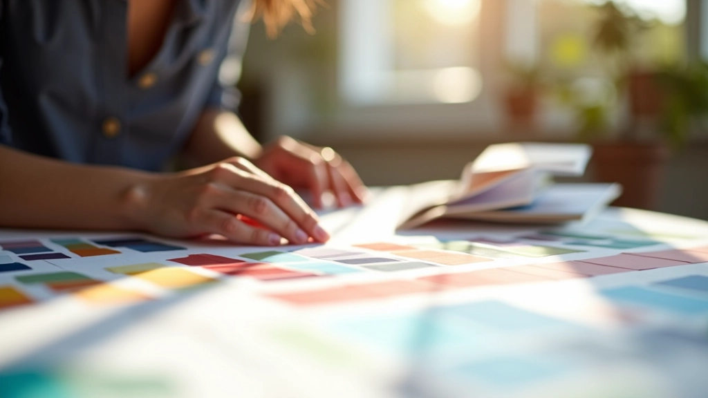 Designer che lavora con tavolozza di colori complementari su tavolo luminoso con penne colorate