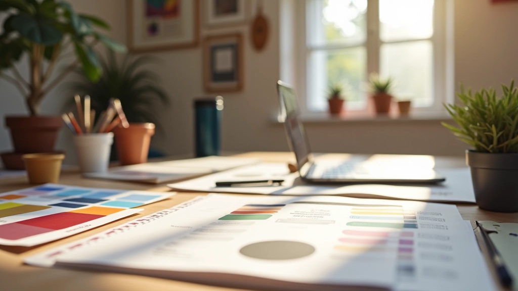 Studio moderno di design con palette di colori italiani su tavolo di lavoro, luce naturale da finestra grande, atmosfera creativa e armoniosa