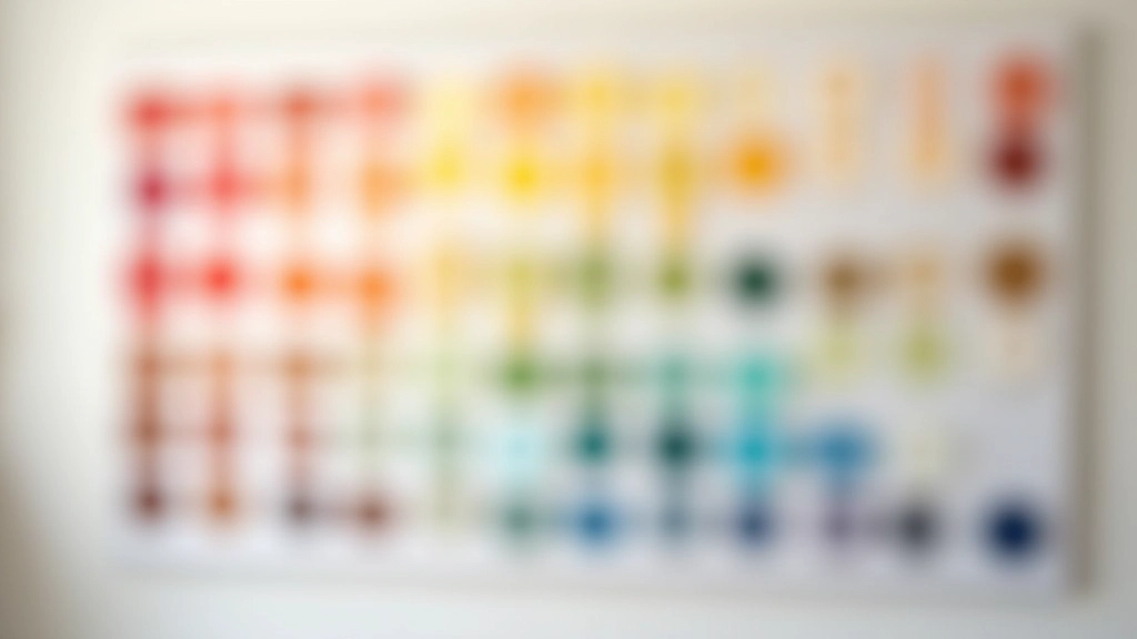 Stanza di psicologia del colore con campioni di colori caldi e freddi disposti su parete bianca, luce naturale