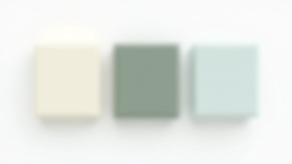 Tre palette colori italiane minimali: prima con bianco e beige, seconda con grigio chiaro e verde oliva, terza con off-white e teal