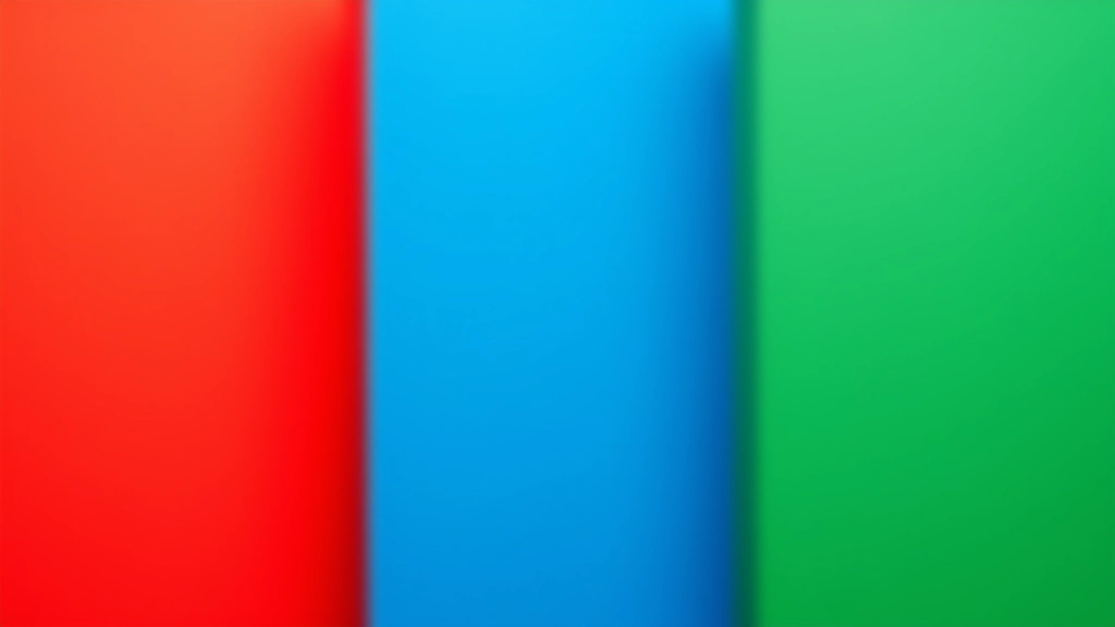 Tre rettangoli di colore puro — rosso brillante, blu profondo e verde naturale — disposti verticalmente con illuminazione cinematografica