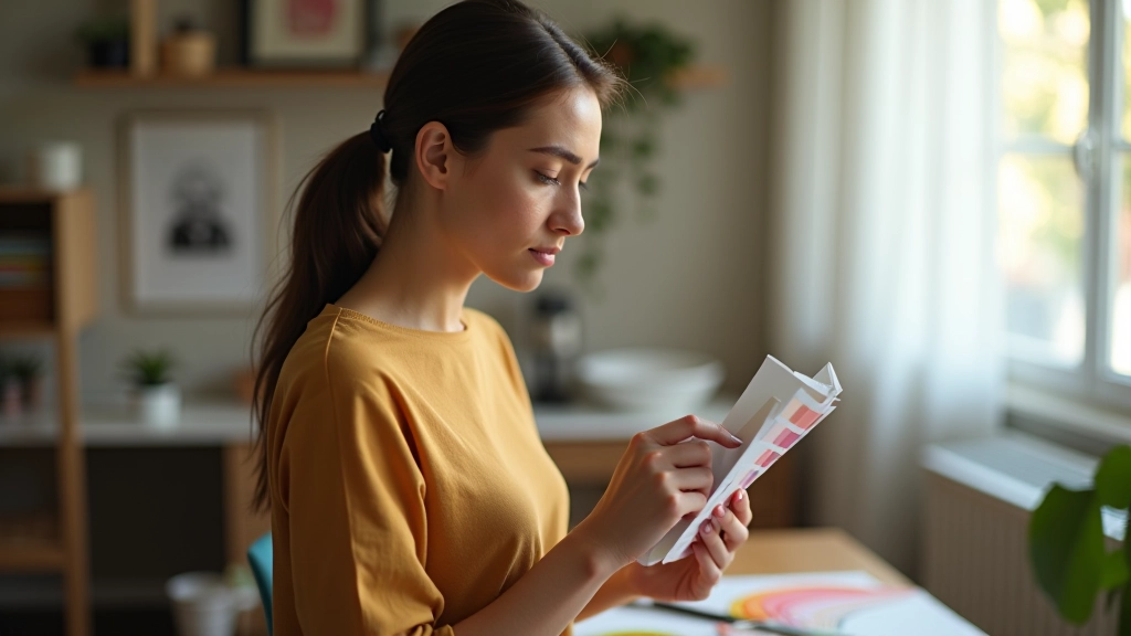 Persona che osserva una palette di colori con espressione contemplativa in uno studio creativo ben illuminato